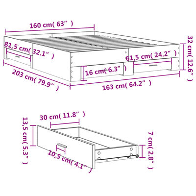 vidaXL Bedframe met lades bewerkt hout bruin eikenkleur 160x200 cm