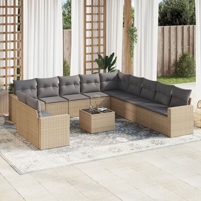 vidaXL 12-delige Loungeset met kussens poly rattan beige