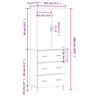 vidaXL Hoge kast 69,5x34x180 cm bewerkt hout gerookt eikenkleurig