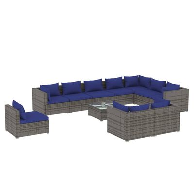 vidaXL 11-delige Loungeset met kussens poly rattan grijs