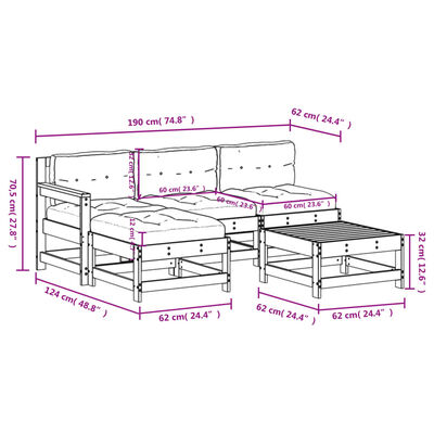 vidaXL 5-delige Loungeset met kussens massief hout wit