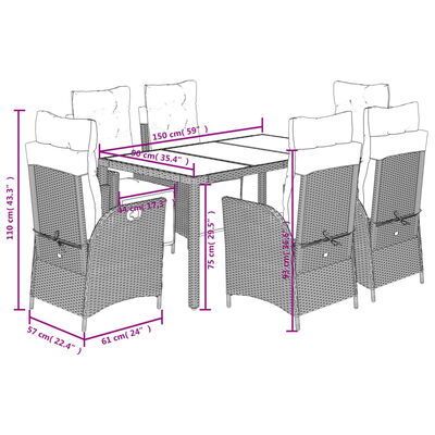 vidaXL 7-delige Tuinset met kussens poly rattan zwart