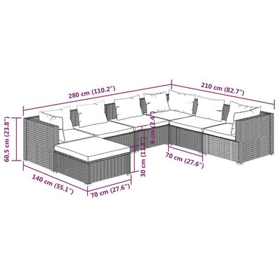 vidaXL 7-delige Loungeset met kussens poly rattan grijs