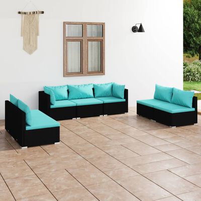 vidaXL 7-delige Loungeset met kussens poly rattan zwart