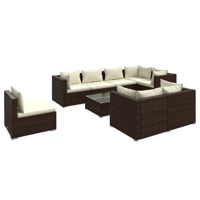 vidaXL 9-delige Loungeset met kussens poly rattan bruin