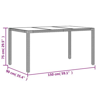 vidaXL Tuintafel met glazen blad 150x90x75 cm poly rattan grijs