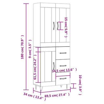 vidaXL Hoge kast 69,5x34x180 cm bewerkt hout gerookt eikenkleurig