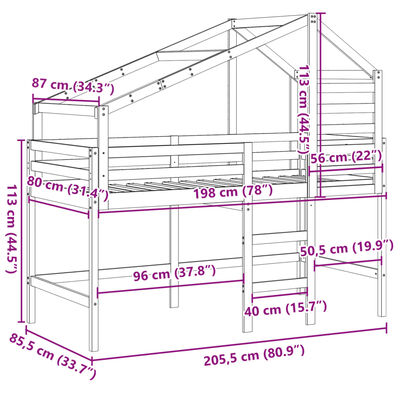 vidaXL Halfhoogslaper met ladder en bedhuis grenenhout 80x200 cm