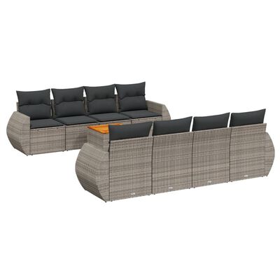 vidaXL 9-delige Loungeset met kussens poly rattan grijs