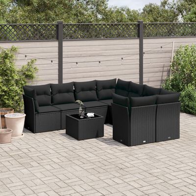 vidaXL 9-delige Loungeset met kussens poly rattan zwart