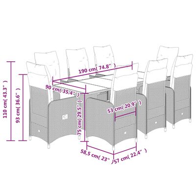 vidaXL 9-delige Bistroset met kussens poly rattan zwart