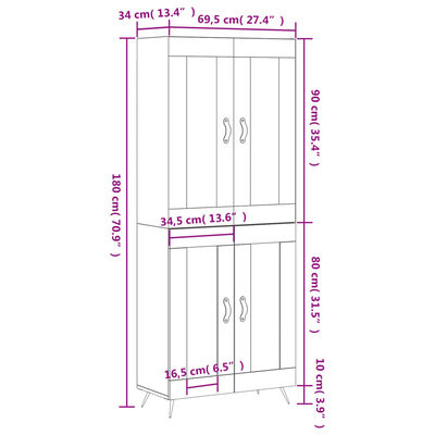 vidaXL Hoge kast 69,5x34x180 cm bewerkt hout betongrijs