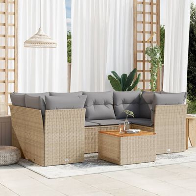 vidaXL 7-delige Loungeset met kussens poly rattan gemengd beige