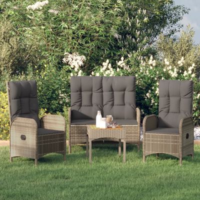 vidaXL 3-delige Tuinset met kussens poly rattan grijs