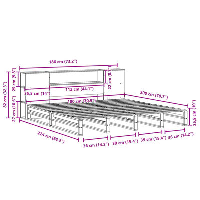 vidaXL Bed met boekenkast zonder matras massief hout wit 180x200 cm