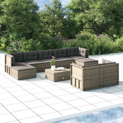 vidaXL 9-delige Loungeset met kussens poly rattan grijs