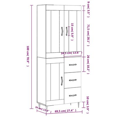 vidaXL Hoge kast 69,5x34x180 cm bewerkt hout sonoma eikenkleurig