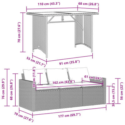 vidaXL 2-delige Tuinset met kussens poly rattan zwart