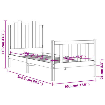 vidaXL Bedframe met hoofdbord massief hout zwart 90x200 cm