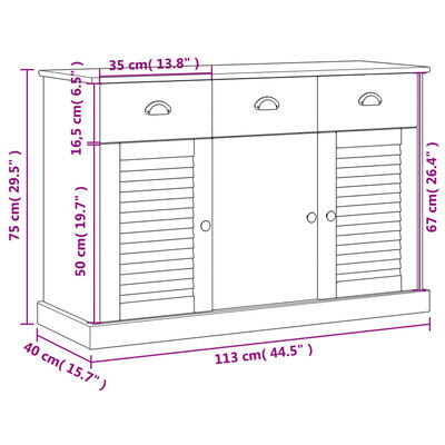 vidaXL Dressoir met lades VIGO 113x40x75 cm massief grenenhout grijs