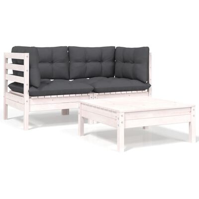 vidaXL 3-delige Loungeset met kussens massief grenenhout wit