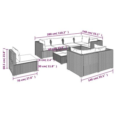 vidaXL 9-delige Loungeset met kussens poly rattan bruin