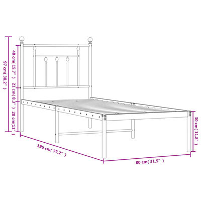 vidaXL Bedframe met hoofdbord zonder matras metaal wit 75x190 cm