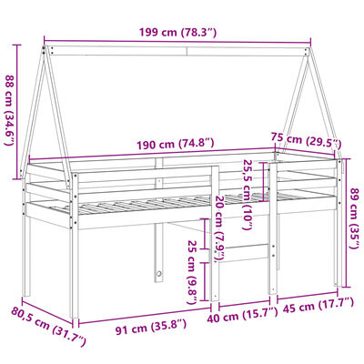 vidaXL Hoogslaper met dak massief grenenhout wasbruin 75x190 cm