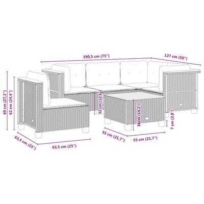 vidaXL 6-delige Loungeset met kussens poly rattan grijs