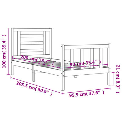 vidaXL Bedframe met hoofdbord massief hout zwart 90x200 cm