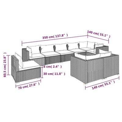 vidaXL 9-delige Loungeset met kussens poly rattan bruin