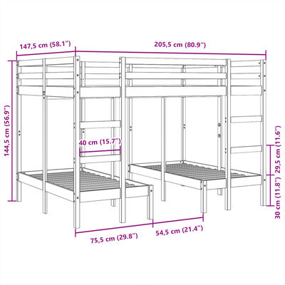 vidaXL Stapelbed 3-voudig grenenhout wit 140x200/70x140 cm