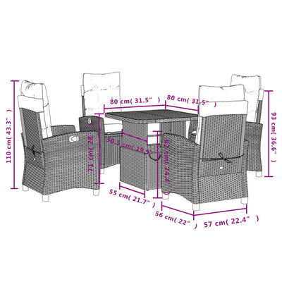 vidaXL 5-delige Tuinset met kussens poly rattan zwart