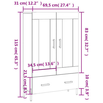 vidaXL Hoge kast 69,5x31x115 cm bewerkt hout bruin eikenkleur