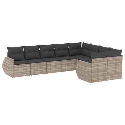 vidaXL 9-delige Loungeset met kussens poly rattan lichtgrijs