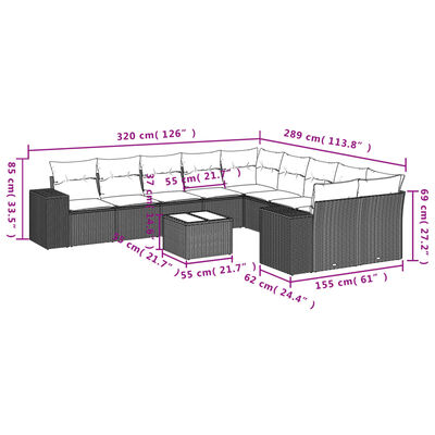 vidaXL 11-delige Loungeset met kussens poly rattan grijs