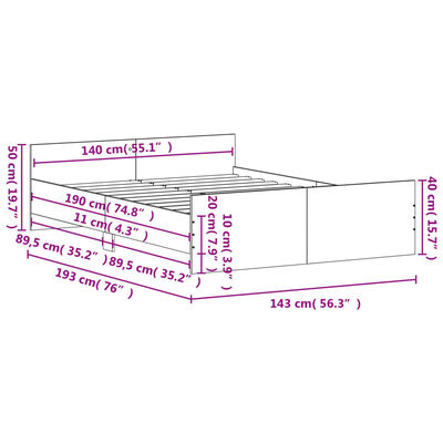 vidaXL Bedframe hoofd- en voeteneinde bruin eikenkleur 140x190 cm