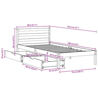 vidaXL Bedframe zonder matras massief grenenhout wit 75x190 cm