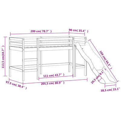 vidaXL Kinderhoogslaper met toren 90x200 cm massief grenenhout blauw