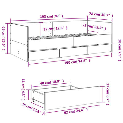 vidaXL Slaapbank met lades zonder matras 75x190 cm sonoma eikenkleurig