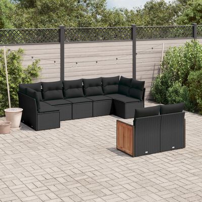 vidaXL 9-delige Loungeset met kussens poly rattan zwart