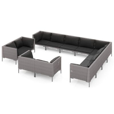 vidaXL 12-delige Loungeset met kussens poly rattan donkergrijs