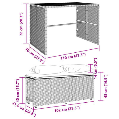 vidaXL 3-delige Tuinset met kussens poly rattan grijs