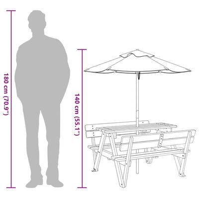 vidaXL Picknicktafel voor 4 kinderen met parasol massief vurenhout