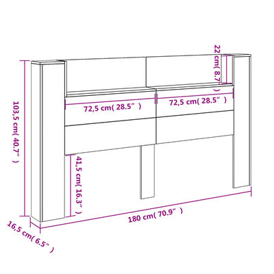 vidaXL Hoofdbordkast met LED-verlichting 180x16,5x103,5 cm bruin eiken