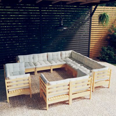 vidaXL 11-delige Loungeset met crèmekleurige kussens grenenhout