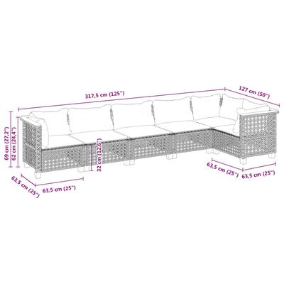 vidaXL 6-delige Loungeset met kussens poly rattan zwart