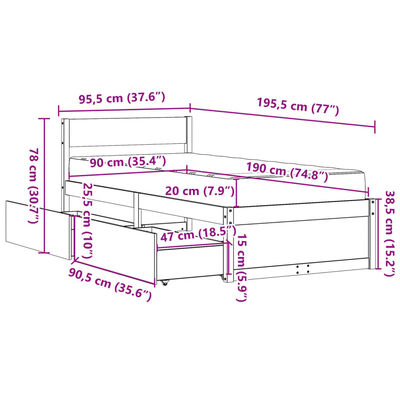 vidaXL Bed met lades en matras massief grenenhout wit 90x190 cm