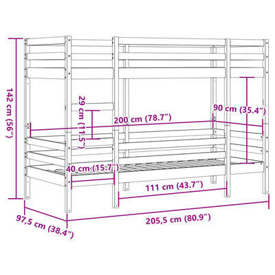 vidaXL Stapelbed massief grenenhout wit 90x200 cm