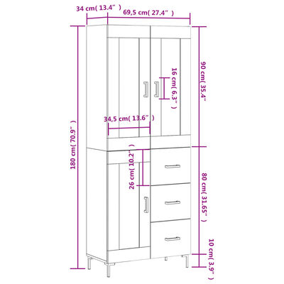 vidaXL Hoge kast 69,5x34x180 cm bewerkt hout hoogglans wit